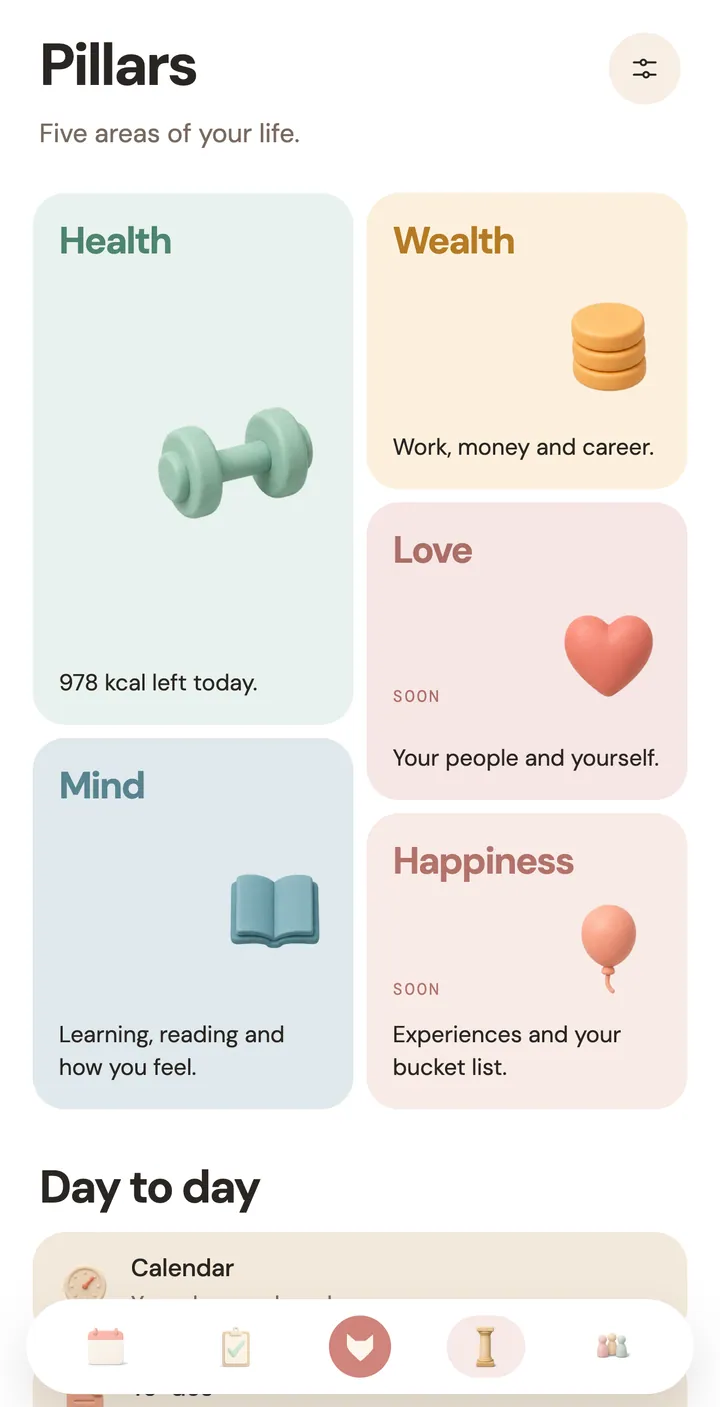 The Pillars screen on iPhone. Health shows 978 kcal left today. Wealth and Mind are open, and Love and Happiness are marked Soon. Calendar, To-dos and Mail sit under Day to day.