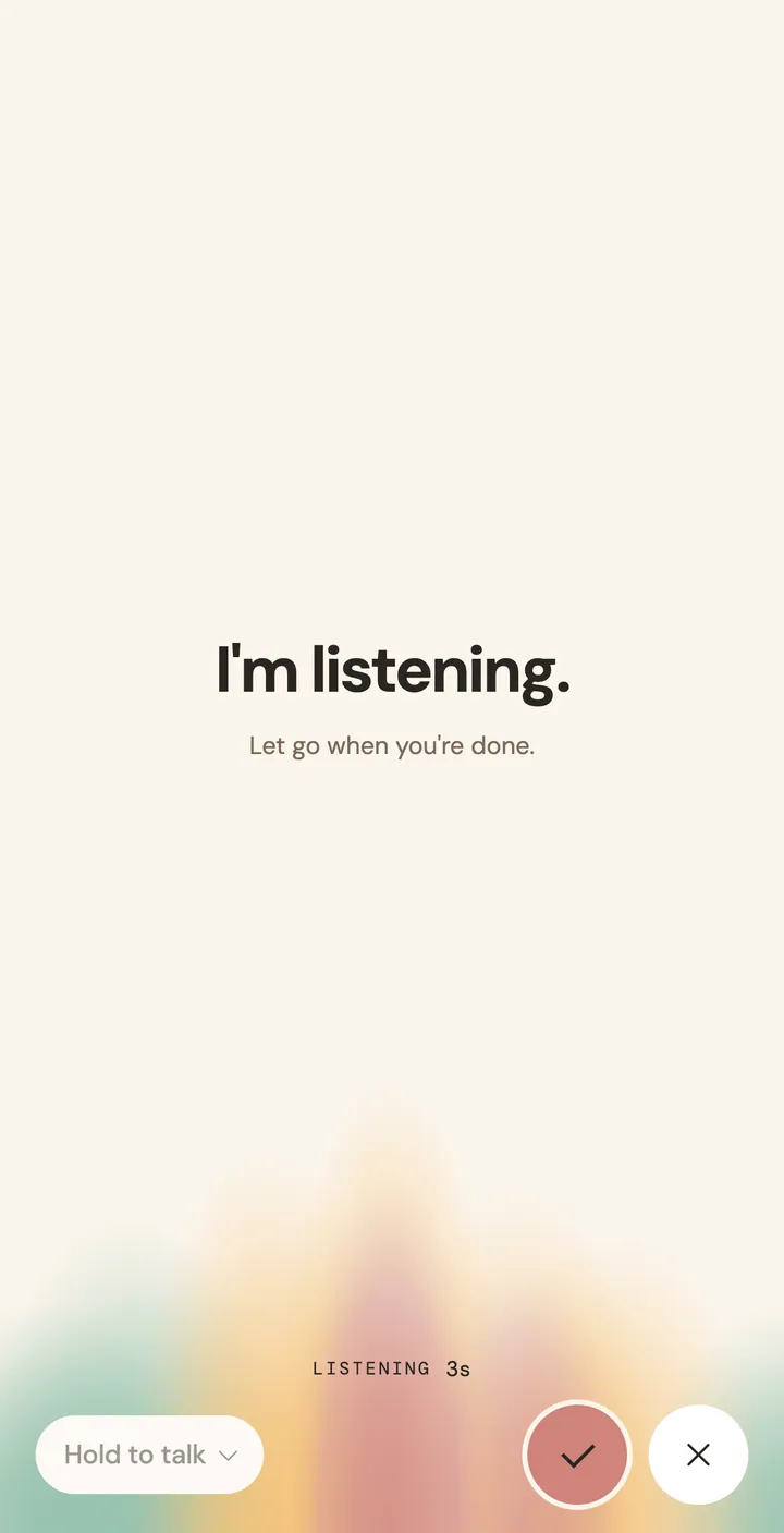 Talk mode on iPhone. Amira shows I'm listening, with Hold to talk at the bottom.