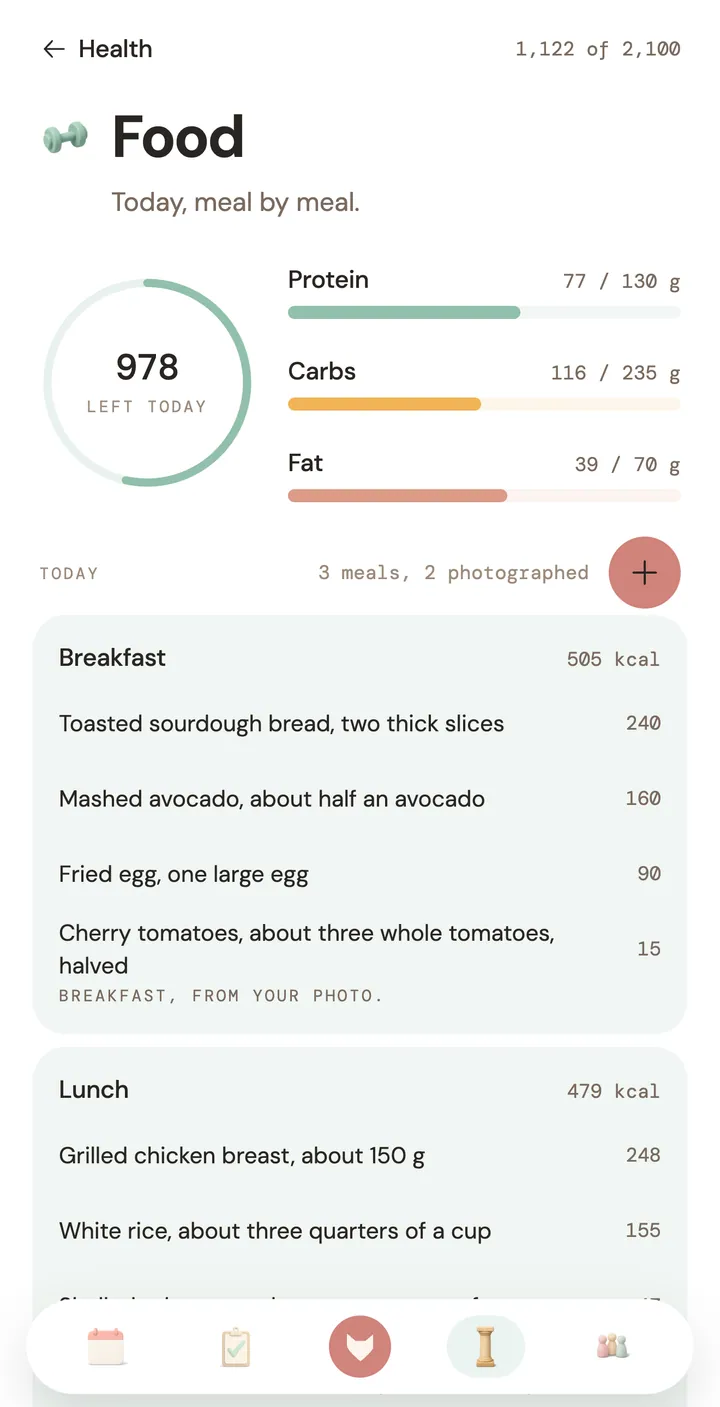 The Food diary. 978 kcal left of 2,100, with protein, carbs and fat, and a breakfast read from a photo: sourdough toast, avocado, a fried egg and tomatoes.